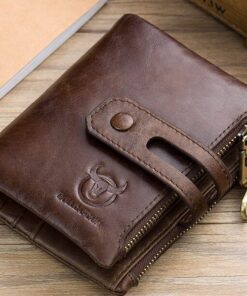 BULLCAPTAIN Leather RFID Men Wallet Credit Business Card Holders Double Zipper Cowhide QB 021