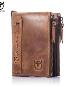 BULLCAPTAIN retro leather men's wallet zipper buckle short RFID wallet QB06